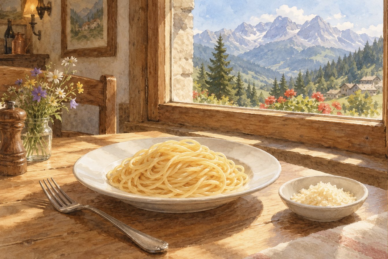 山の上の小さな店の窓辺。茹でただけのスパゲッティの皿と、別添えのパルミジャーノ