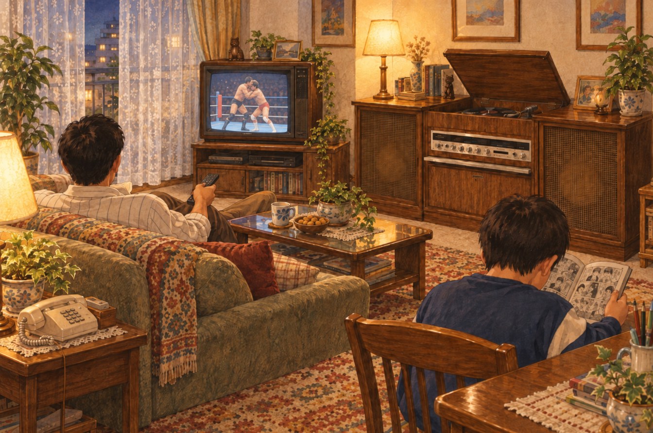 水彩の絵。1990年ごろの大阪のマンションのリビング。ソファでリモコンを手に、テレビのプロレスを見るお父さんと、背を向けて漫画を読む男の子。壁ぎわに大きなステレオ