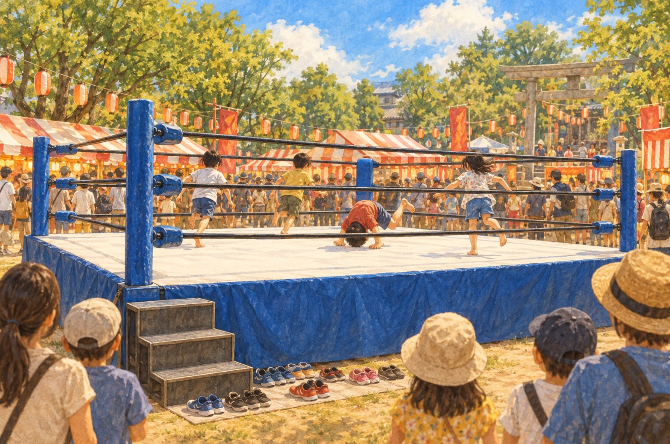 水彩の絵。お祭りのリングで、裸足の子どもたちが、でんぐり返しをしたり、ロープへ走ったりしている。靴はリングの外に