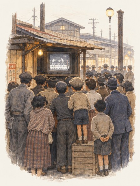 水彩の絵。昭和の駅前で、街頭テレビのプロレスを見上げる大人と子どもたち
