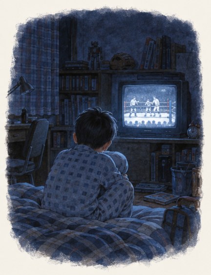 水彩の絵。夜の部屋で、古いテレビに映るプロレスを、男の子が後ろから見ている