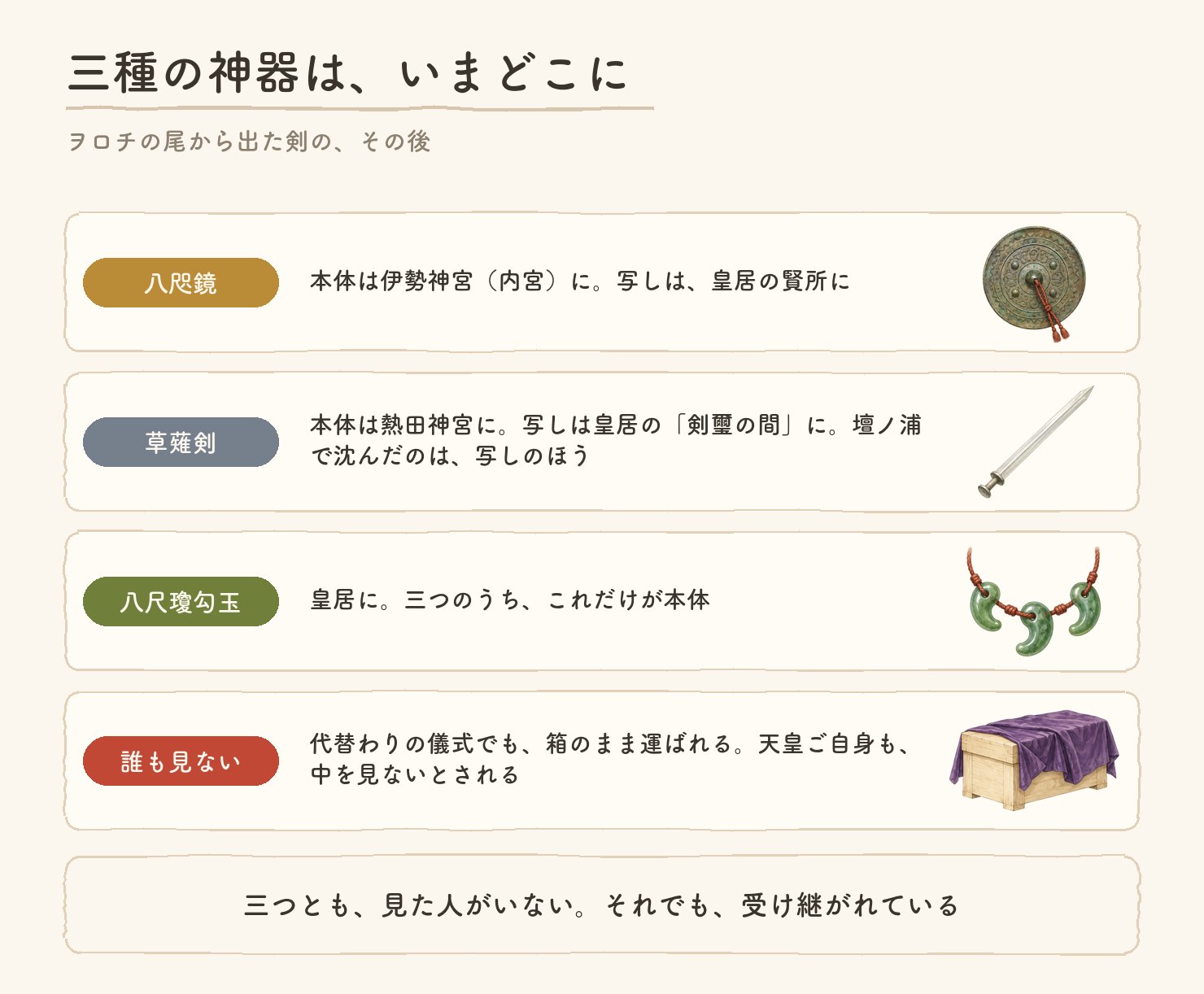 三種の神器は、いまどこに。八咫鏡は本体が伊勢神宮(内宮)で、写しは皇居の賢所。草薙剣は本体が熱田神宮で、写しは皇居の剣璽の間、壇ノ浦で沈んだのは写しのほう。八尺瓊勾玉は皇居にあり、三つのうちこれだけが本体。代替わりの儀式でも箱のまま運ばれ、天皇ご自身も中を見ないとされる。三つとも見た人がいない、それでも受け継がれている。各段に、水彩の小さな絵つき