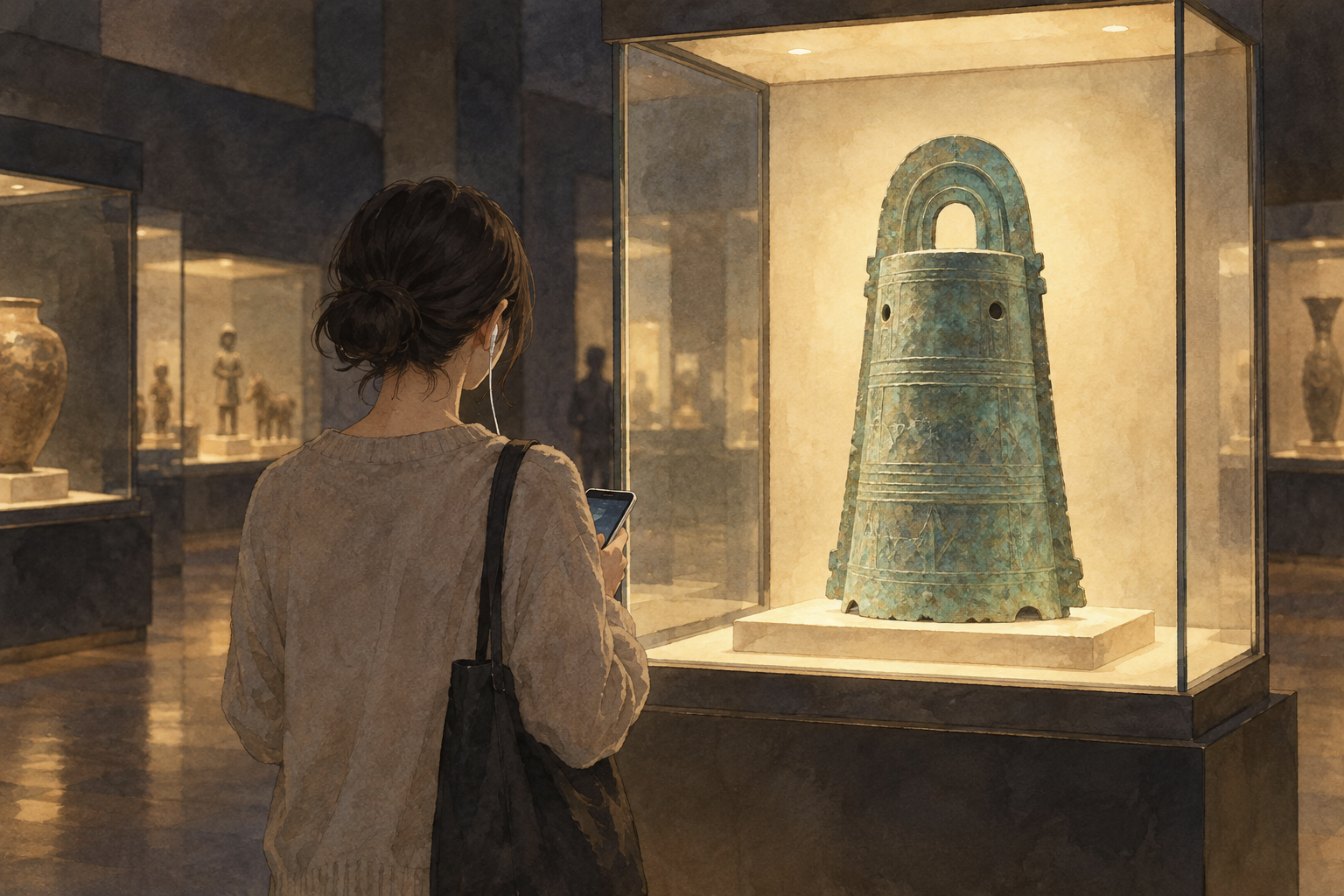 博物館の薄暗い展示室で、イヤホンをしてスマートフォンを持った人の後ろ姿が、ガラスケースの中の銅鐸を見ている水彩