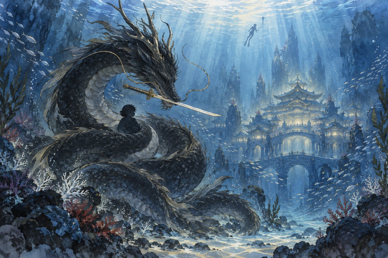 海の底の竜宮の前で、大きな黒い大蛇が口に剣をくわえ、胸に小さな子どものシルエットを抱いている水彩。遠くに海女の影