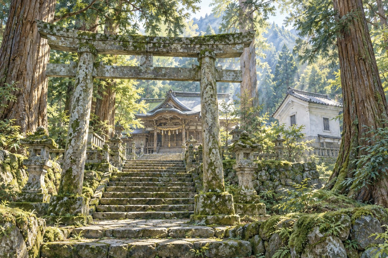 山あいの古い神社。石の鳥居と苔むした石段、左右に大きな杉、奥に木の本殿と白い壁の蔵の水彩