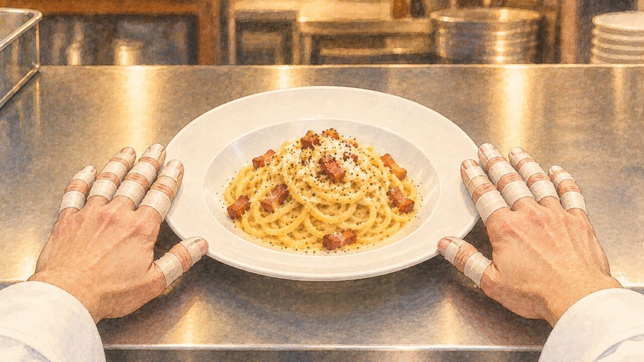 パスタの皿のふちに添えた両手の指に、絆創膏がいくつも巻いてある手元の水彩画
