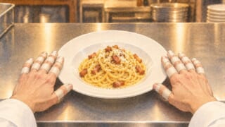パスタの皿のふちに添えた両手の指に、絆創膏がいくつも巻いてある手元の水彩画