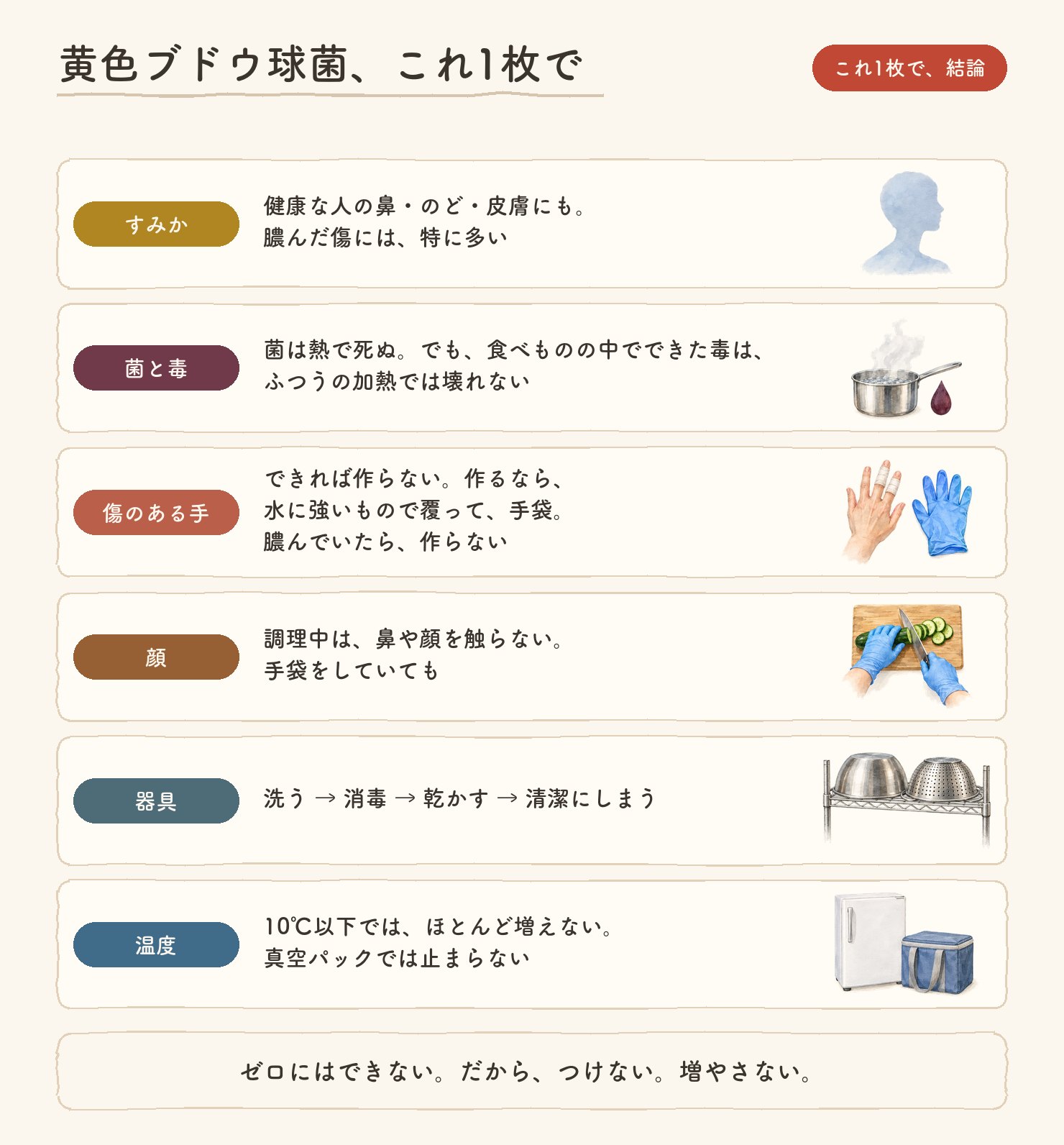 黄色ブドウ球菌、これ1枚で結論。すみか:健康な人の鼻・のど・皮膚にも。膿んだ傷には、特に多い。菌と毒:菌は熱で死ぬ。でも、食べものの中でできた毒は、ふつうの加熱では壊れない。傷のある手:できれば作らない。作るなら、水に強いもので覆って、手袋。膿んでいたら、作らない。顔:調理中は、鼻や顔を触らない。手袋をしていても。器具:洗う → 消毒 → 乾かす → 清潔にしまう。温度:10℃以下では、ほとんど増えない。真空パックでは止まらない。ゼロにはできない。だから、つけない。増やさない。各段に水彩の小さな絵つき