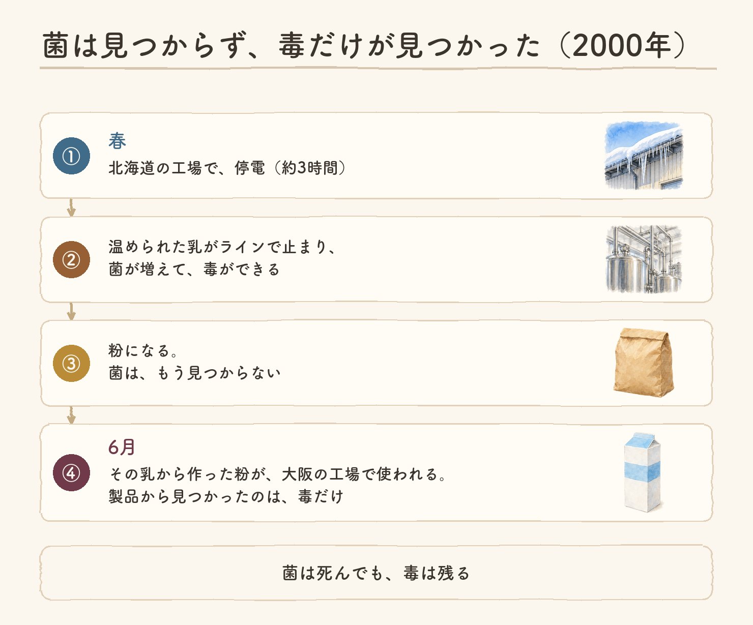 菌は見つからず、毒だけが見つかった(2000年)。①春、北海道の工場で、停電(約3時間)②温められた乳がラインで止まり、菌が増えて、毒ができる ③粉になる。菌は、もう見つからない ④6月、その乳から作った粉が、大阪の工場で使われる。製品から見つかったのは、毒だけ。菌は死んでも、毒は残る。各段に水彩の小さな絵つき