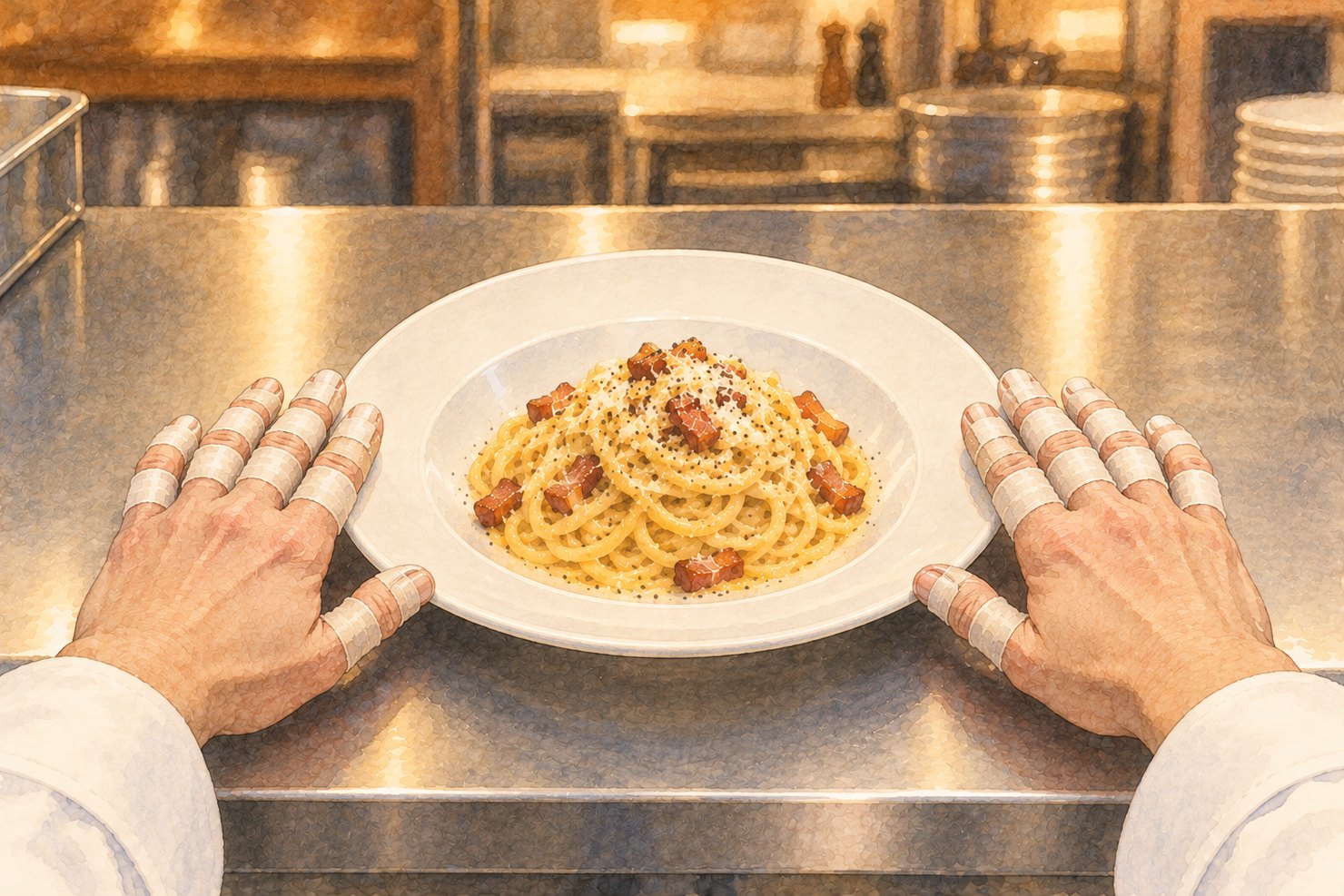 ステンレスのカウンターに置いたパスタの白い皿。皿のふちに添えた両手の指に、絆創膏がいくつも巻いてある手元を描いた水彩画
