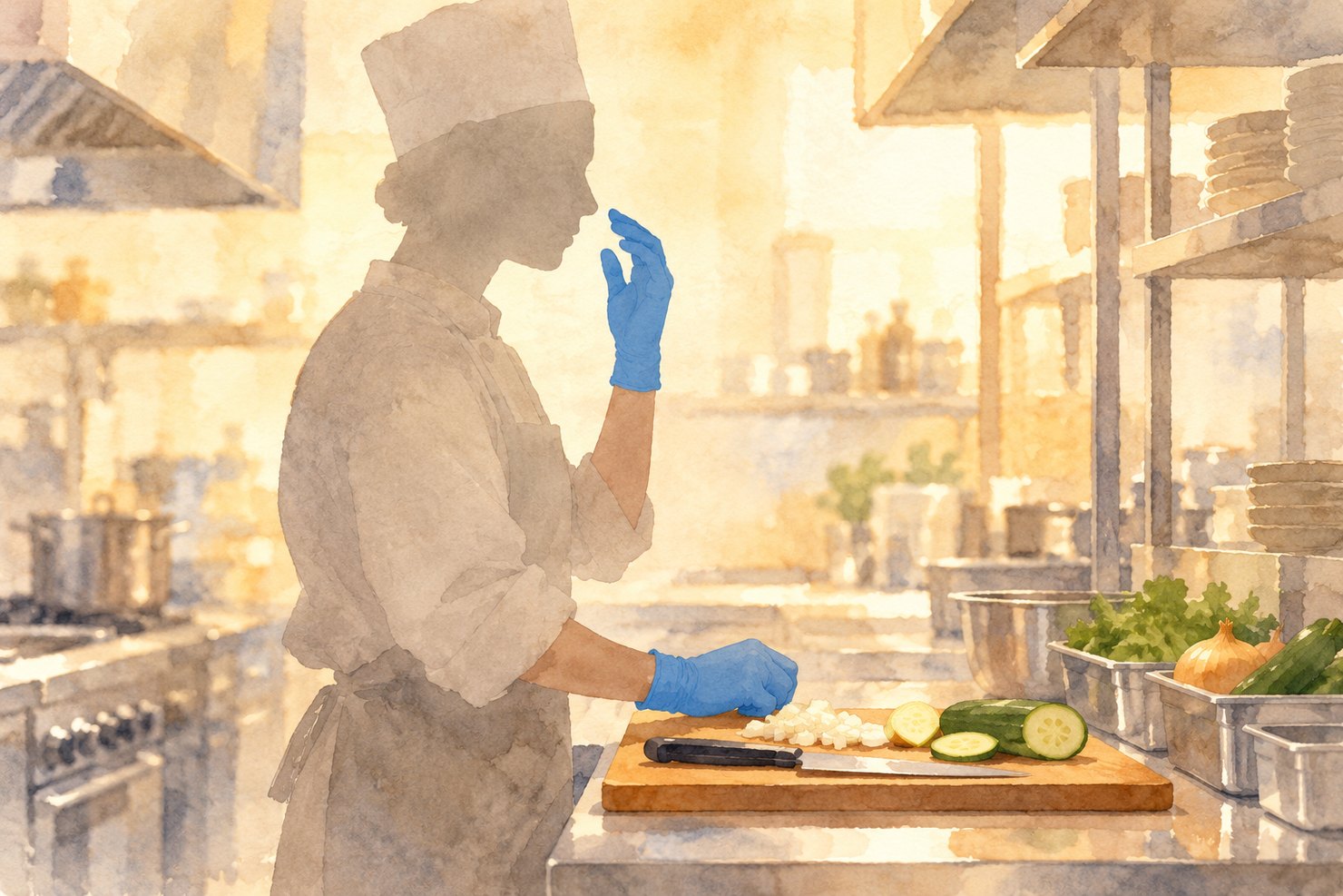 厨房で、青い手袋の手が鼻の近くまで上がっている料理人の影絵と、手前のまな板の野菜を描いた水彩画