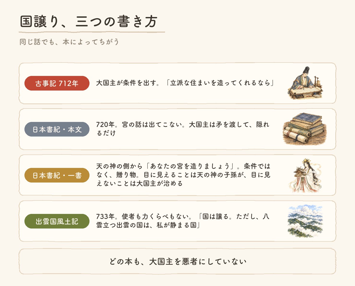 国譲り、三つの書き方。古事記(712年)は大国主が立派な住まいを条件に出す。日本書紀の本文(720年)は宮の話が出てこず、大国主は矛を渡して隠れるだけ。日本書紀の一書では天の神の側から宮を造りましょうと申し出る贈り物で、目に見えることは天の神の子孫が、目に見えないことは大国主が治める。出雲国風土記(733年)は使者も力くらべもなく、国は譲るが八雲立つ出雲の国は私が静まる国と言う。どの本も大国主を悪者にしていない。各段に水彩の小さな絵つき