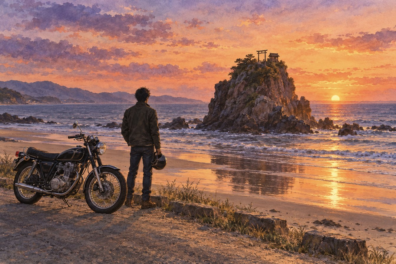 夕日の稲佐の浜。波打ち際の岩の上に小さな鳥居と社。浜沿いの道に黒いバイクが止まり、ヘルメットを持った人が後ろ姿で岩をながめている。水彩画