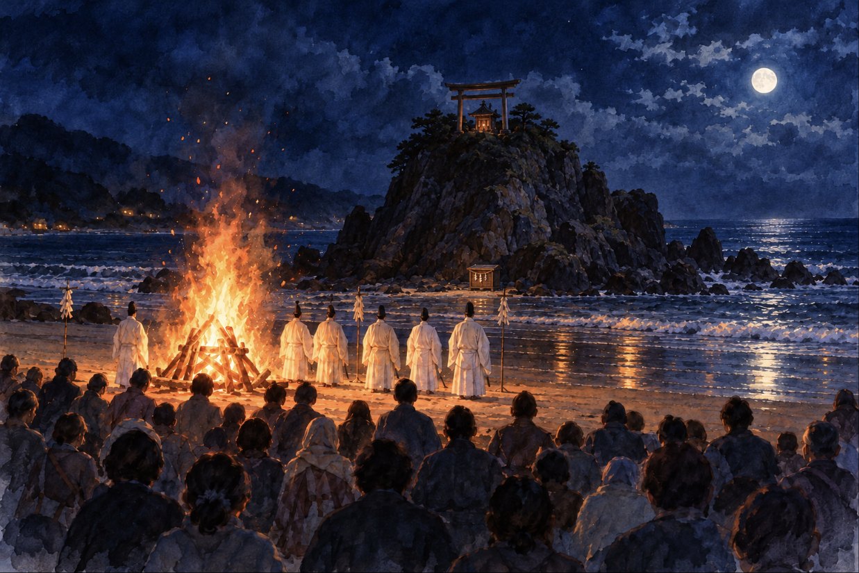 神在月の夜の稲佐の浜。かがり火が燃え、白い装束の神職が海のほうを向いて並び、たくさんの人が後ろから見守る。すぐ向こうの波打ち際に、上に鳥居と社のある大きな岩(弁天島)。岩のふもとに小さな賽銭箱。水彩画