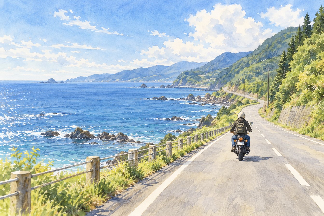 日本海沿いの道を走る黒いクラシックなバイクを、後ろから描いた水彩画。預けたバイクを友だちが富山から島根まで走らせてきてくれた