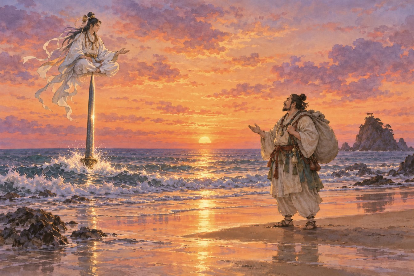 国譲りの場面。夕暮れの海に剣を逆さに立て、その切っ先にあぐらをかいて座る天の神の使者。水彩画