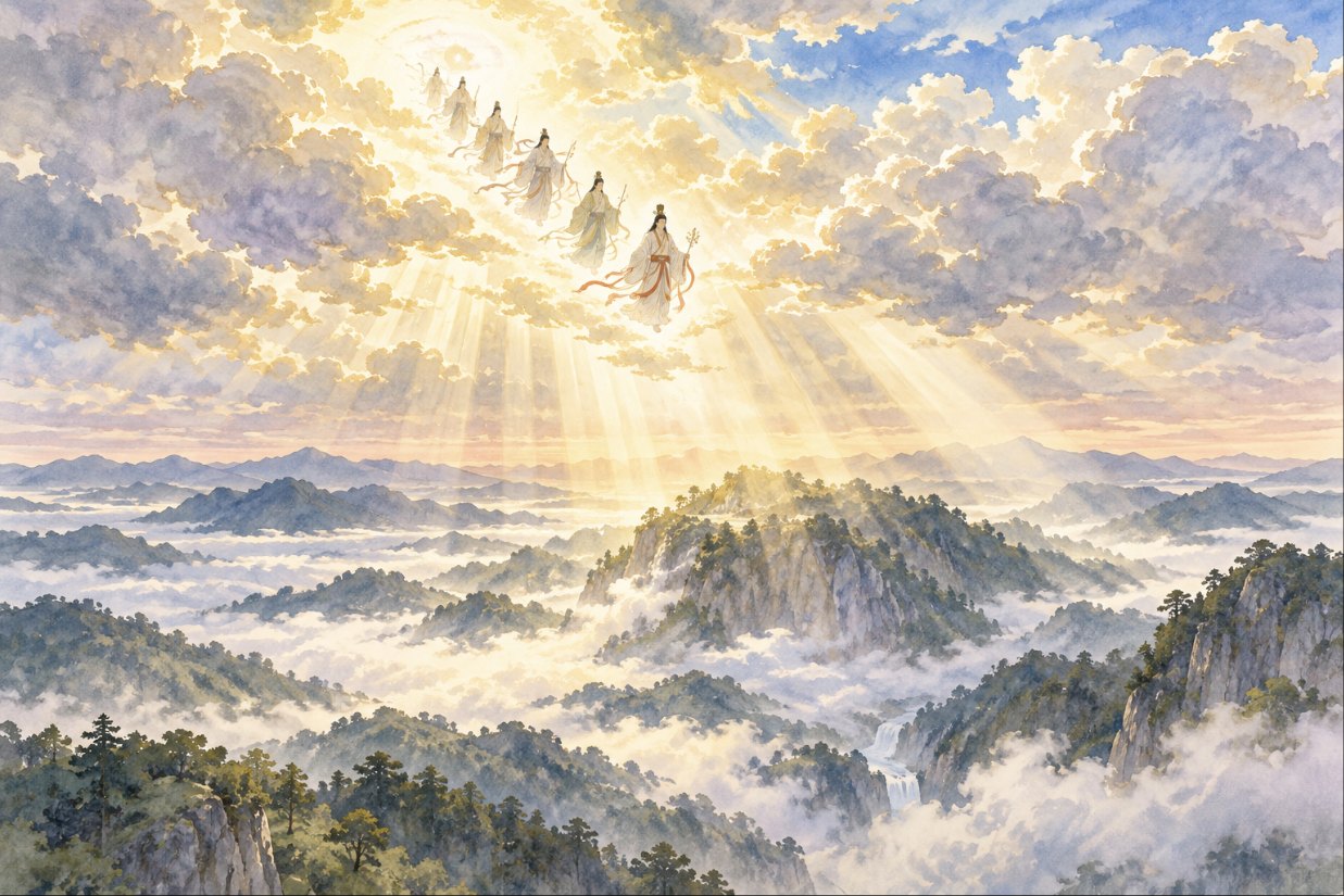 天孫降臨の場面。明け方の空、雲の切れ間から光の筋がさし、古代の装束の一行が雲の上から降りてくる。下には霧のかかった山々の峰。水彩画