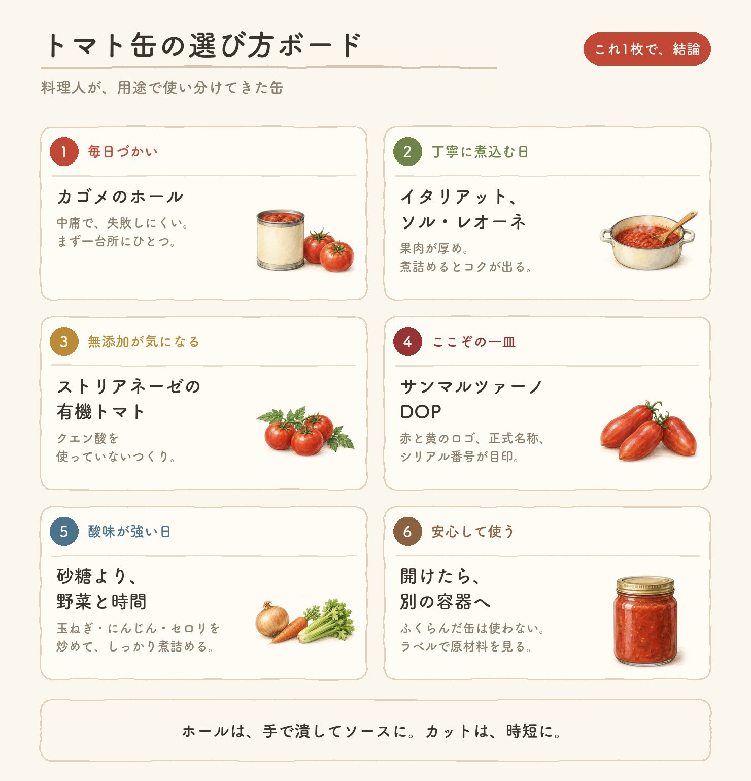 トマト缶の選び方ボード。毎日づかいはカゴメのホール、丁寧に煮込む日はイタリアットとソル・レオーネ、無添加が気になるならストリアネーゼ、ここぞの一皿はサンマルツァーノDOP、酸味が強い日は砂糖より野菜と時間、開けたら別の容器へ