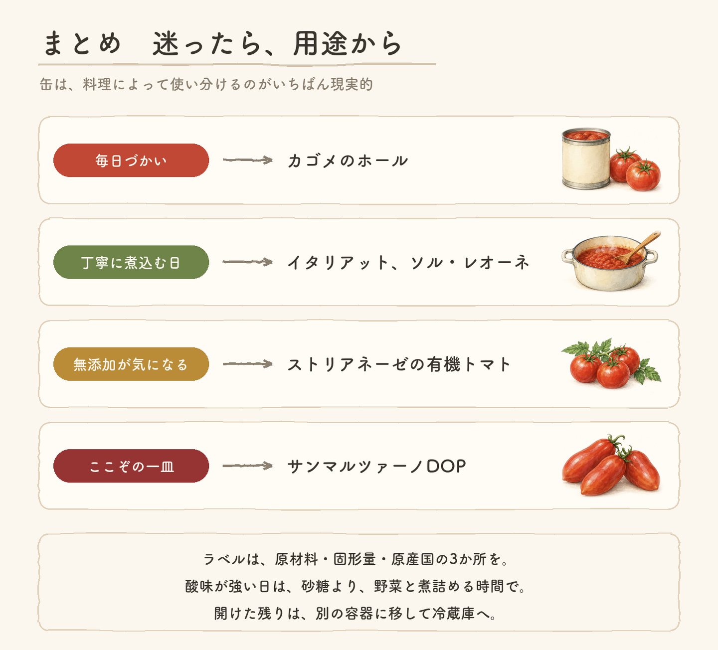 まとめ。用途ごとのトマト缶と、ラベル・酸味・保存の3つのポイント